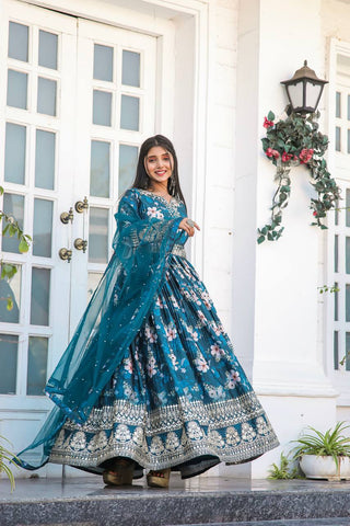 Blue Color Designer Party Wear Pure Chinon Silk Top, Palazzo & Dupatta Set ClothsVilla