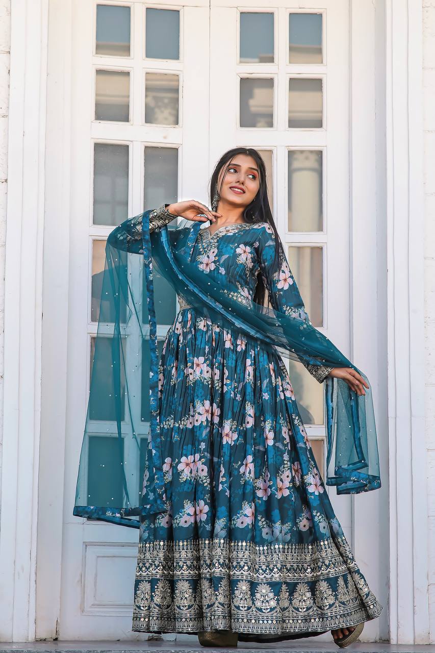 Blue Color Designer Party Wear Pure Chinon Silk Top, Palazzo & Dupatta Set ClothsVilla Main image