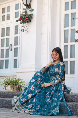Blue Color Designer Party Wear Pure Chinon Silk Top, Palazzo & Dupatta Set ClothsVilla