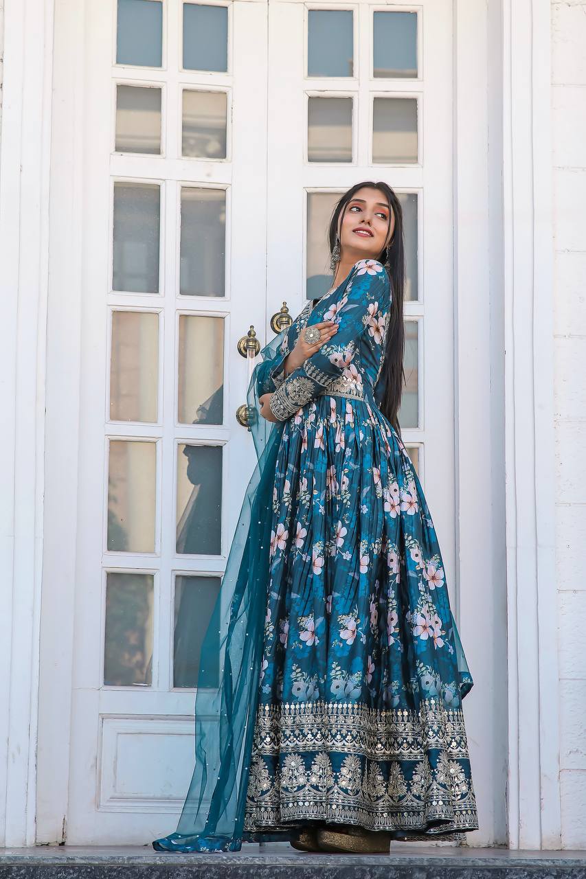 Blue Color Designer Party Wear Pure Chinon Silk Top, Palazzo & Dupatta Set ClothsVilla