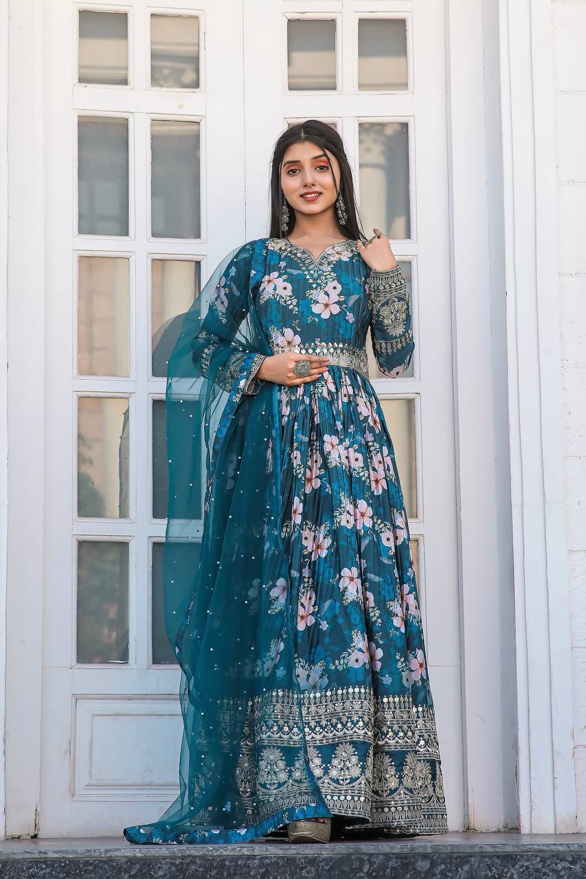 Blue Color Designer Party Wear Pure Chinon Silk Top, Palazzo & Dupatta Set ClothsVilla