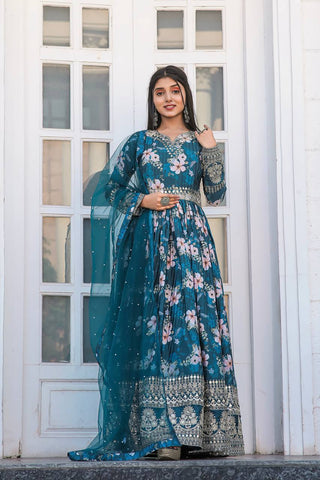 Blue Color Designer Party Wear Pure Chinon Silk Top, Palazzo & Dupatta Set ClothsVilla