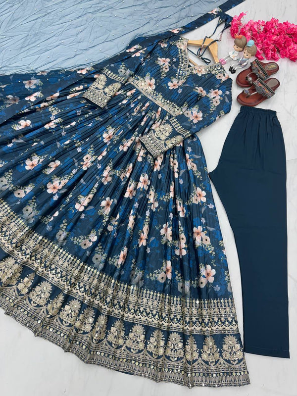 Blue Color Designer Party Wear Pure Chinon Silk Top, Palazzo & Dupatta Set ClothsVilla