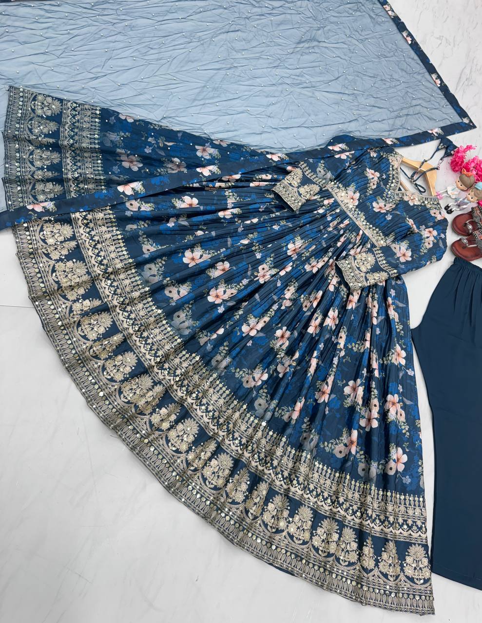 Blue Color Designer Party Wear Pure Chinon Silk Top, Palazzo & Dupatta Set ClothsVilla