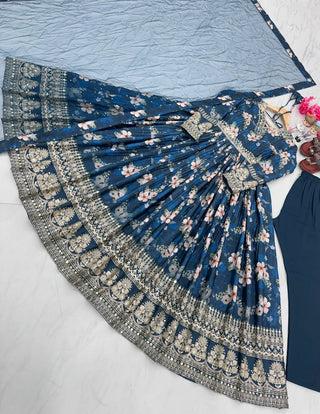 Blue Color Designer Party Wear Pure Chinon Silk Top, Palazzo & Dupatta Set ClothsVilla