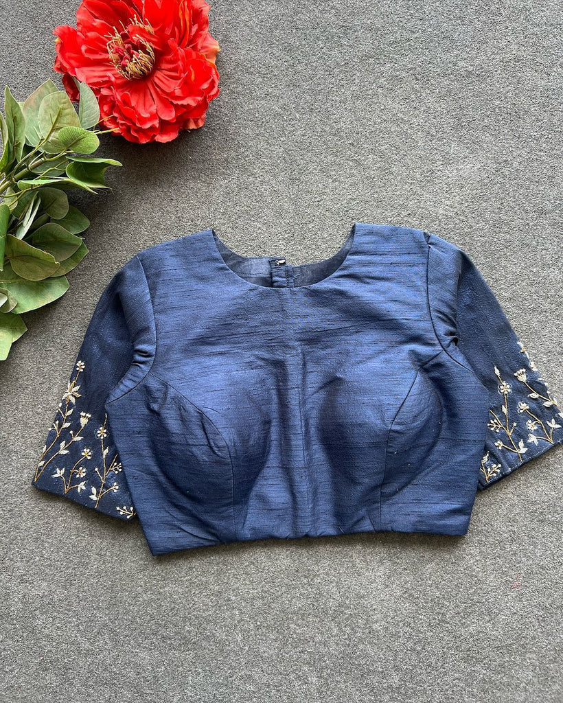 Blue Color Elzara Silk Blouse with Beautiful Handwork on Sleeves ClothsVilla