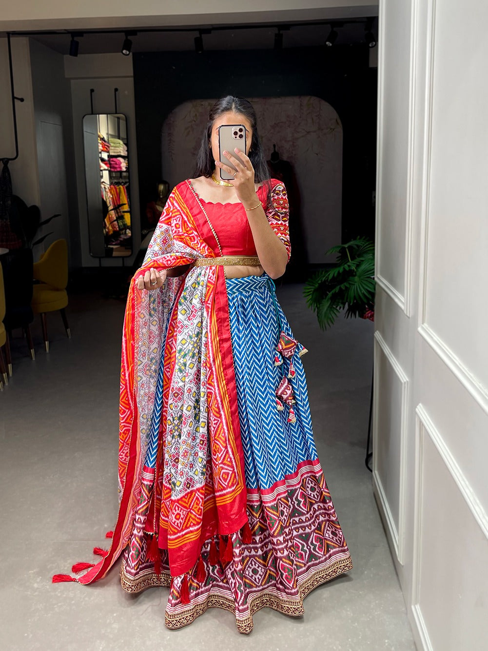 Blue Color Leheriya Patola Print Chinon Lehenga Choli Clothsvilla