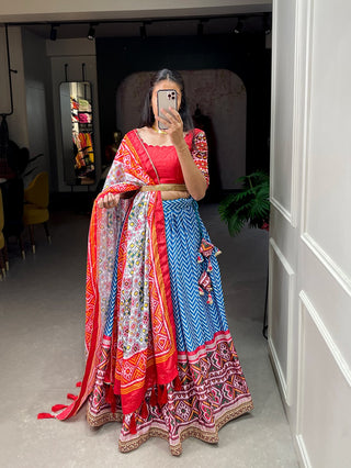 Blue Color Leheriya Patola Print Chinon Lehenga Choli Clothsvilla