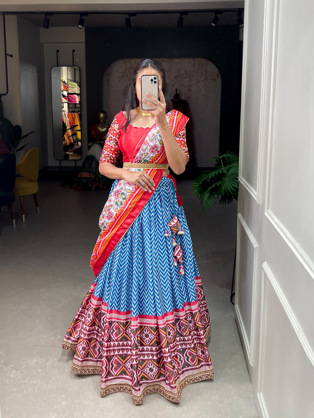 Blue Color Leheriya Patola Print Chinon Lehenga Choli Clothsvilla