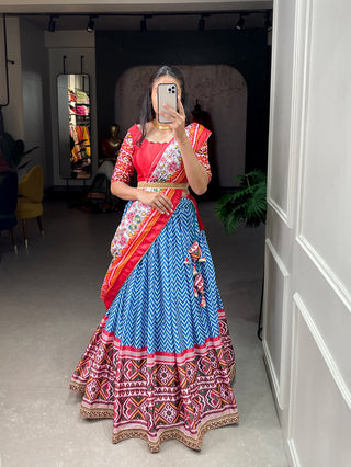Blue Color Leheriya Patola Print Chinon Lehenga Choli Clothsvilla