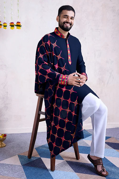 Blue Color Mens Kurta with Embroidered Heavy Dupatta Navratri Collection Clothsvilla