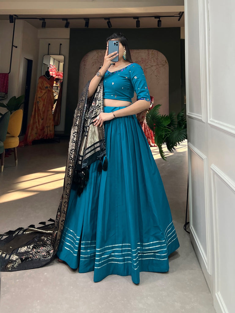 Blue Color Pure Cotton Lehenga & Gaji Silk Dupatta Set with Gota & Mirrorwork ClothsVilla
