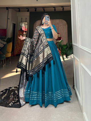 Blue Color Pure Cotton Lehenga & Gaji Silk Dupatta Set with Gota & Mirrorwork ClothsVilla