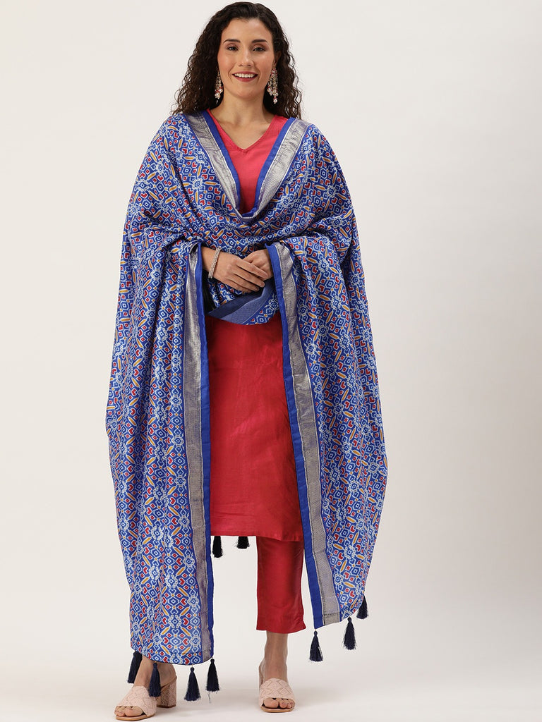 Blue Color Tusser Silk Patola Printed Dupatta ClothsVilla