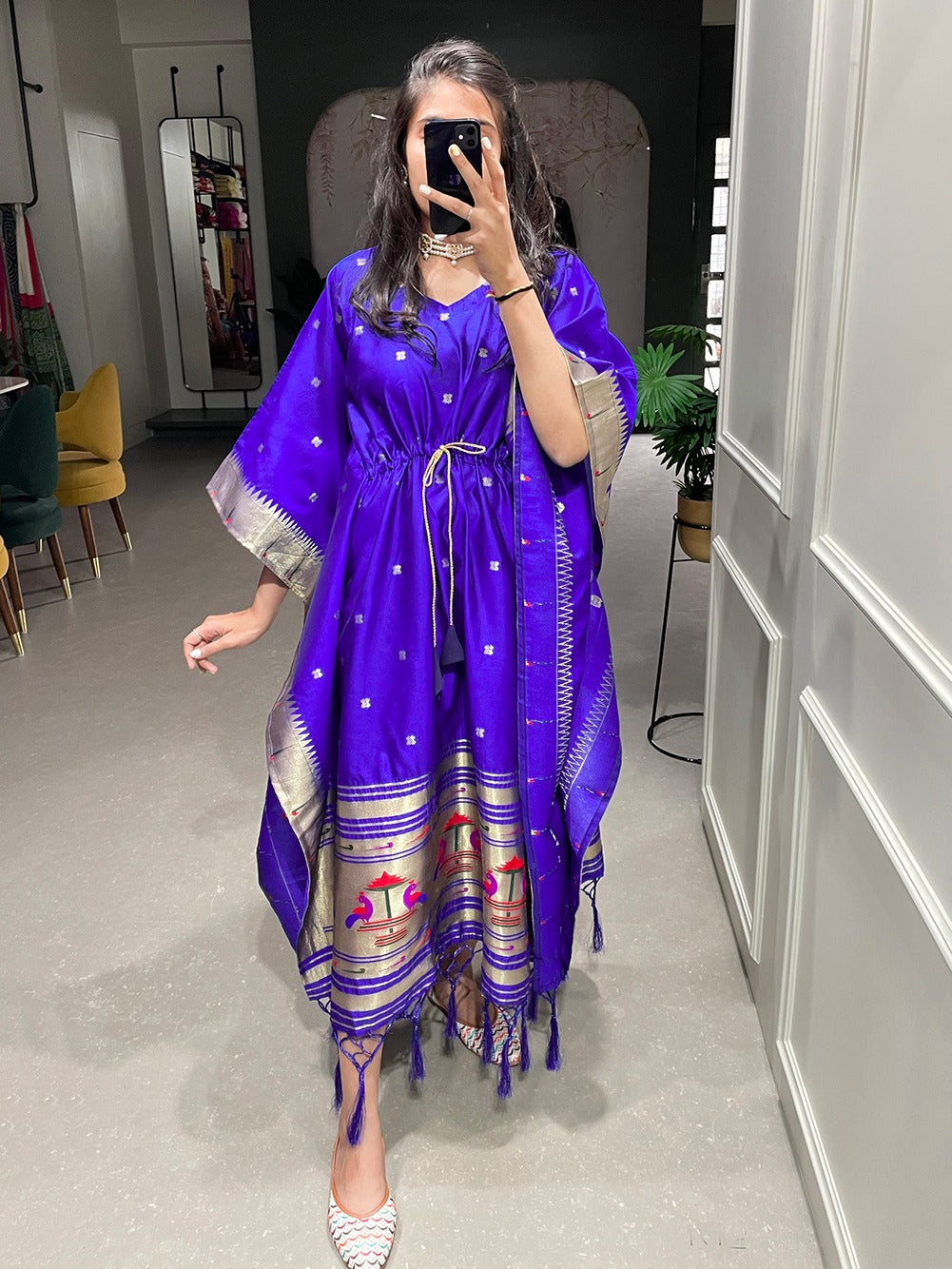 Blue Color Weaving Zari Work Jacquard Paithani Kaftan Dress Clothsvilla