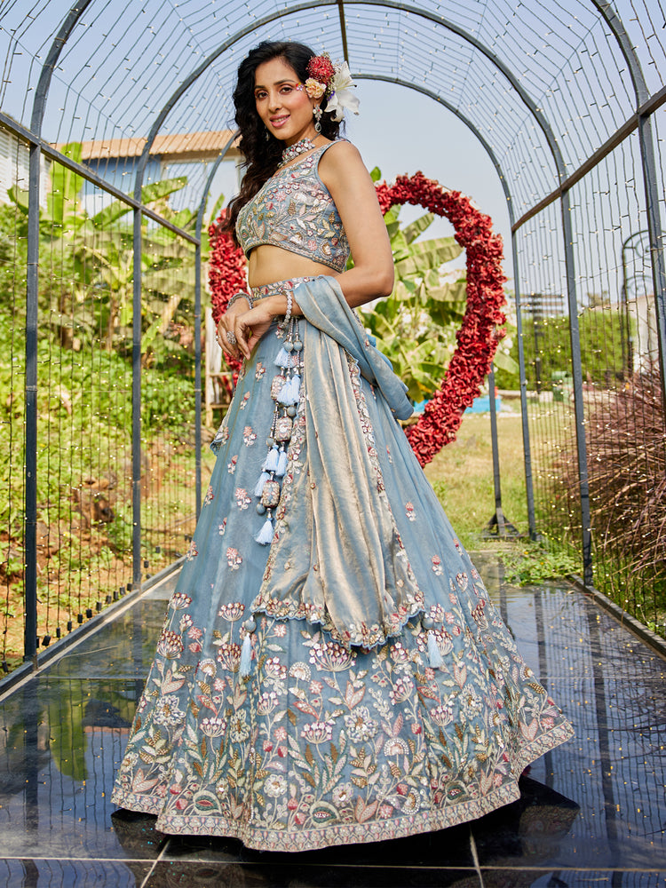 Blue colour Tissue Fabric with Sequinse & Thread embroidery Semi-Stitched Lehenga choli & Dupatta ClothsVilla