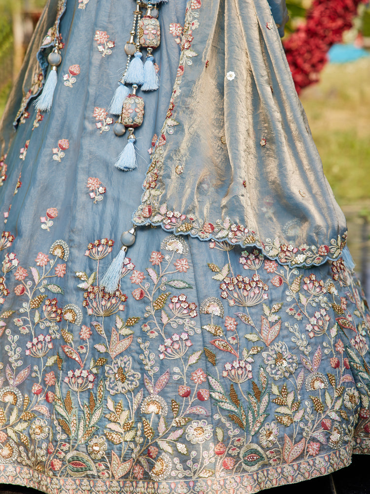 Blue colour Tissue Fabric with Sequinse & Thread embroidery Semi-Stitched Lehenga choli & Dupatta ClothsVilla