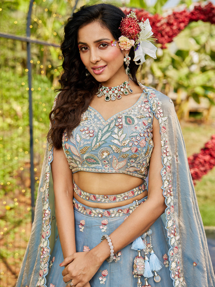 Blue colour Tissue Fabric with Sequinse & Thread embroidery Semi-Stitched Lehenga choli & Dupatta ClothsVilla