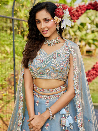 Blue colour Tissue Fabric with Sequinse & Thread embroidery Semi-Stitched Lehenga choli & Dupatta ClothsVilla