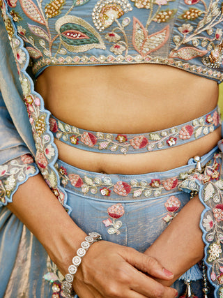 Blue colour Tissue Fabric with Sequinse & Thread embroidery Semi-Stitched Lehenga choli & Dupatta ClothsVilla