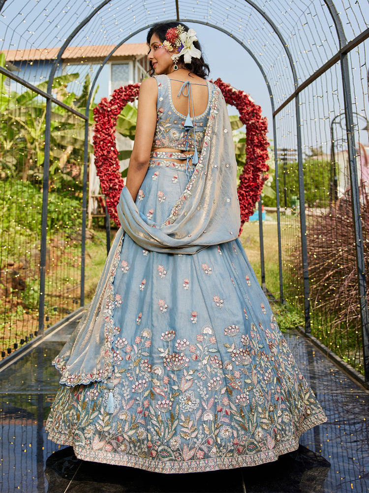 Blue colour Tissue Fabric with Sequinse & Thread embroidery Semi-Stitched Lehenga choli & Dupatta ClothsVilla