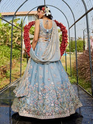 Blue colour Tissue Fabric with Sequinse & Thread embroidery Semi-Stitched Lehenga choli & Dupatta ClothsVilla