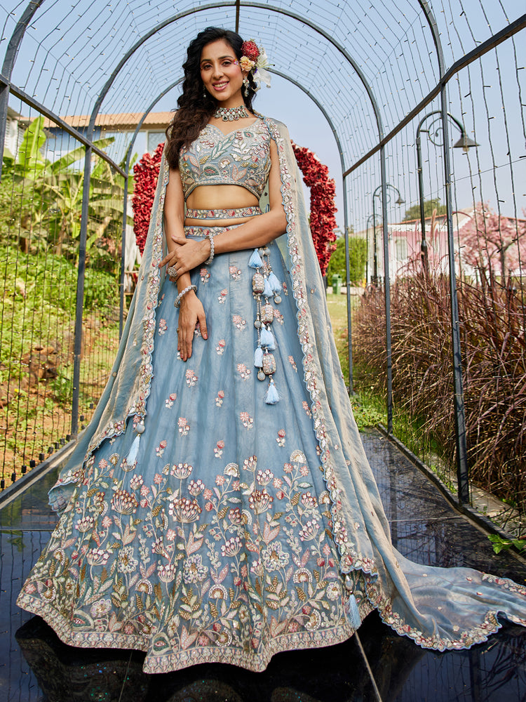 Blue colour Tissue Fabric with Sequinse & Thread embroidery Semi-Stitched Lehenga choli & Dupatta ClothsVilla