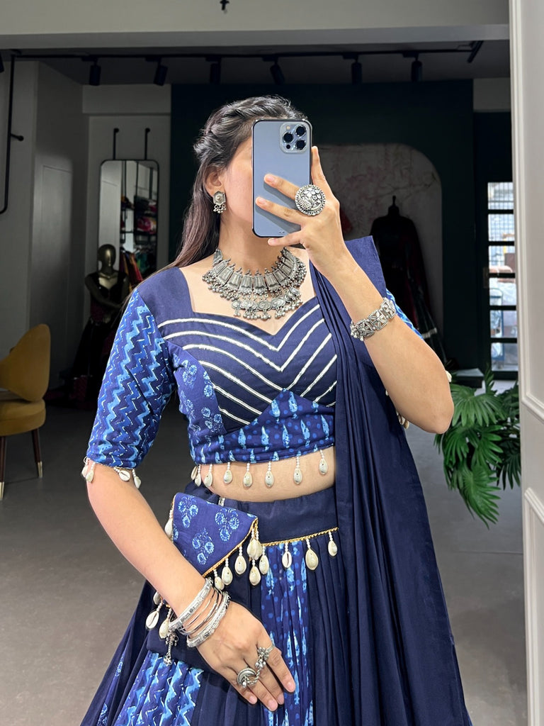 Blue Cotton Chaniya Choli with Cowrie Shell Detail ClothsVilla