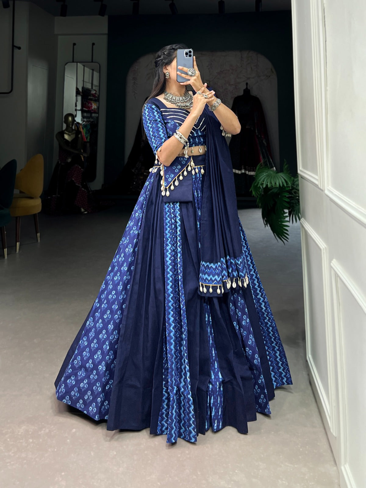 Blue Cotton Chaniya Choli with Cowrie Shell Detail ClothsVilla