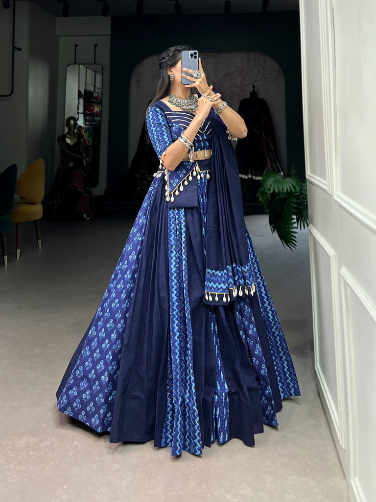 Blue Cotton Chaniya Choli with Cowrie Shell Detail