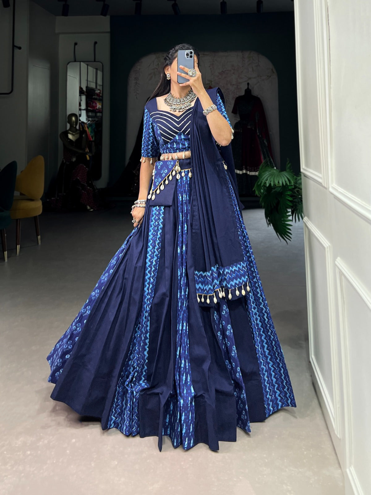 Blue Cotton Chaniya Choli with Cowrie Shell Detail ClothsVilla