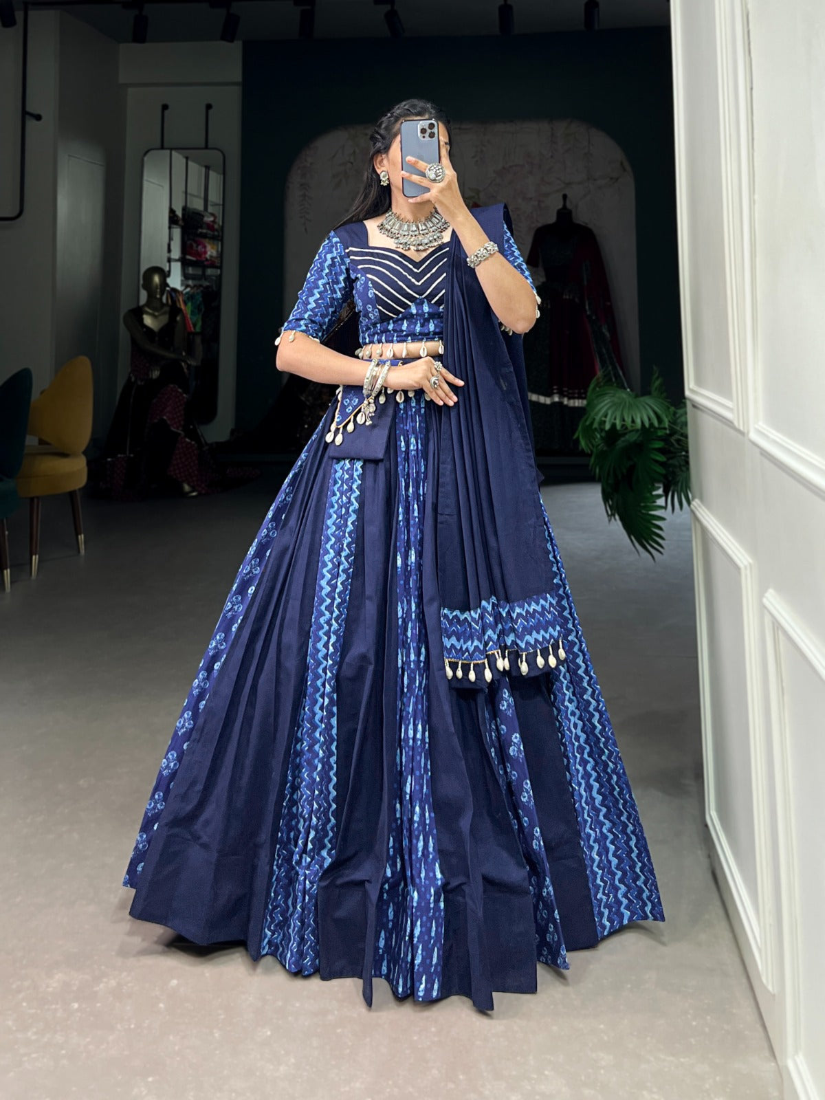 Blue Cotton Chaniya Choli with Cowrie Shell Detail ClothsVilla