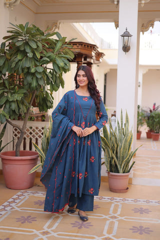 Blue Cotton Embroidered Kurti Pant Set ClothsVilla