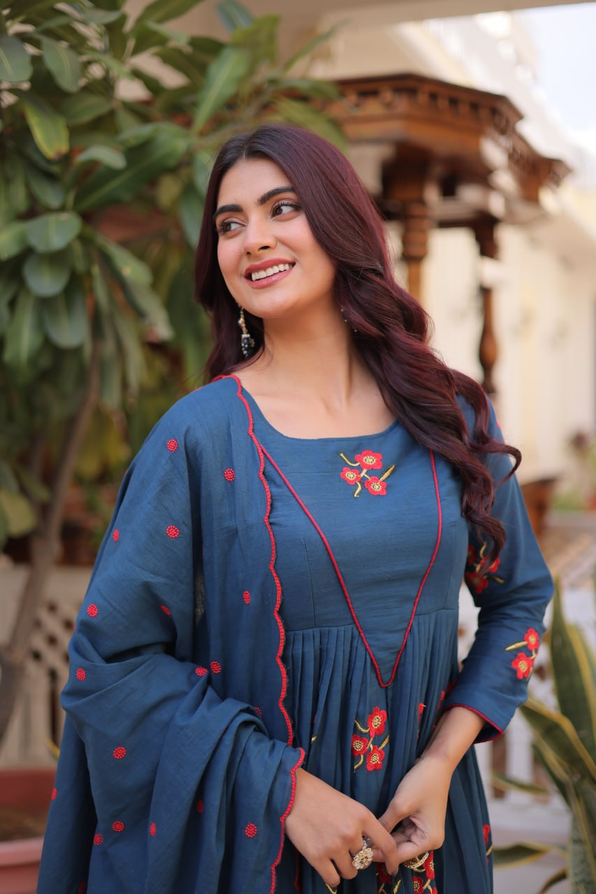 Blue Cotton Embroidered Kurti Pant Set ClothsVilla