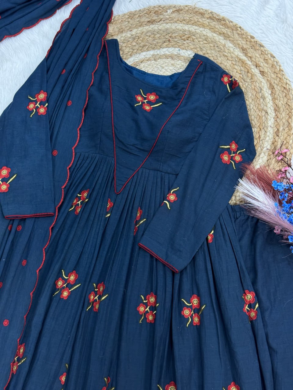 Blue Cotton Embroidered Kurti Pant Set ClothsVilla
