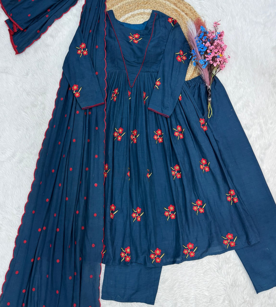 Blue Cotton Embroidered Kurti Pant Set ClothsVilla