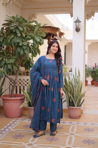 Blue Cotton Embroidered Kurti Pant Set ClothsVilla