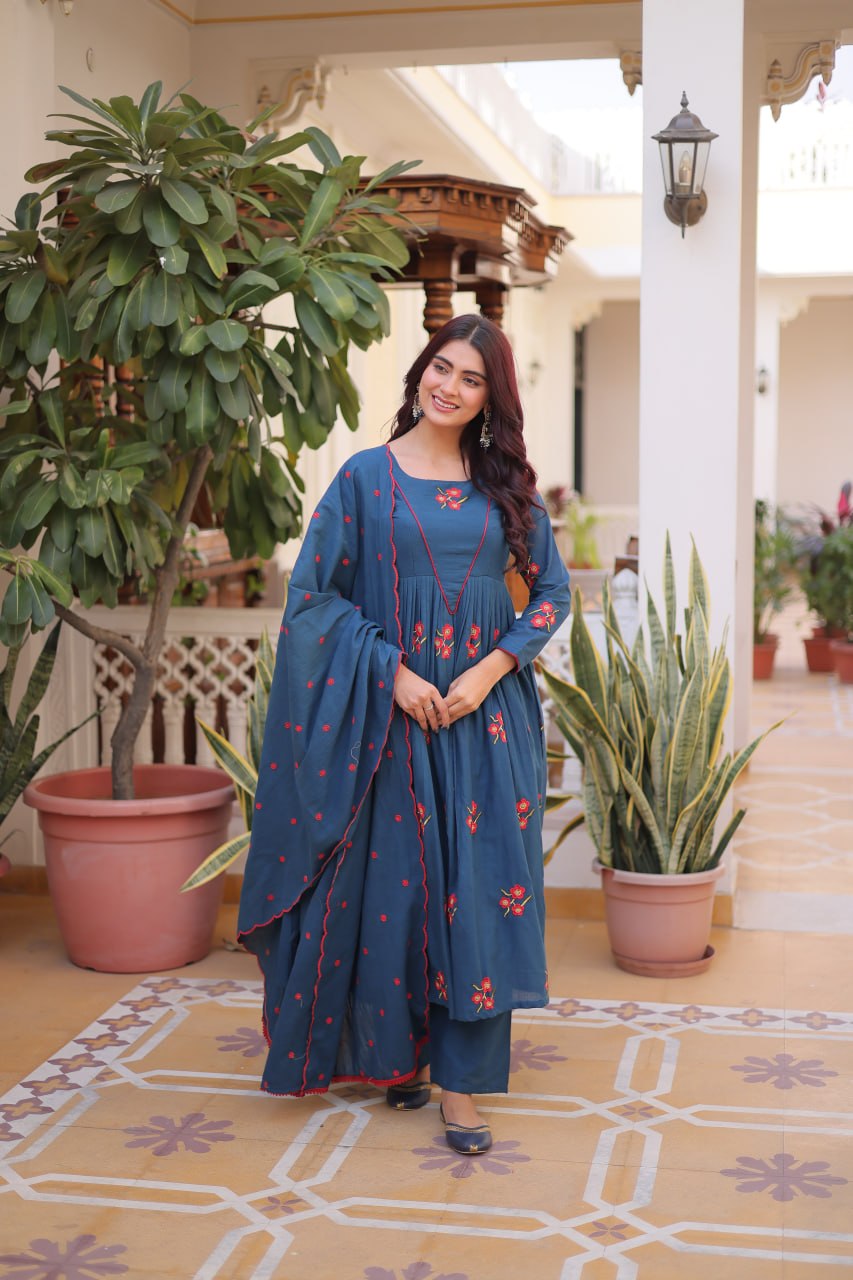 Blue Cotton Embroidered Kurti Pant Set ClothsVilla