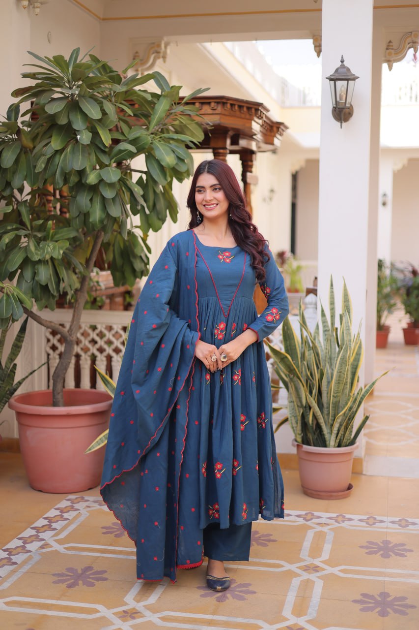 Blue Cotton Embroidered Kurti Pant Set ClothsVilla