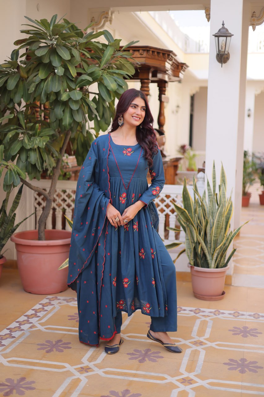 Blue Cotton Embroidered Kurti Pant Set ClothsVilla