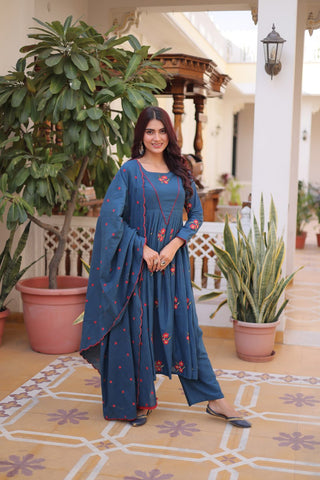Blue Cotton Embroidered Kurti Pant Set ClothsVilla