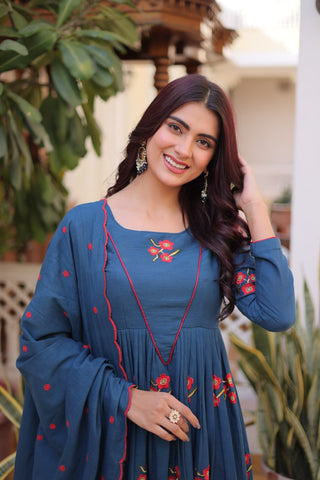 Blue Cotton Embroidered Kurti Pant Set ClothsVilla
