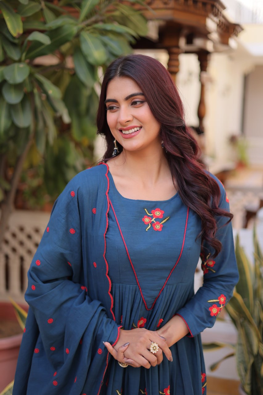 Blue Cotton Embroidered Kurti Pant Set ClothsVilla