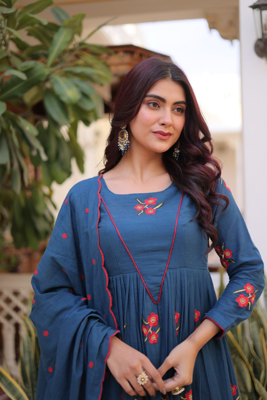 Blue Cotton Embroidered Kurti Pant Set ClothsVilla
