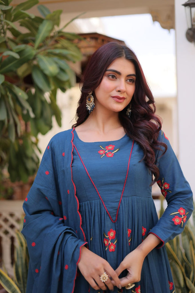 Blue Cotton Embroidered Kurti Pant Set ClothsVilla