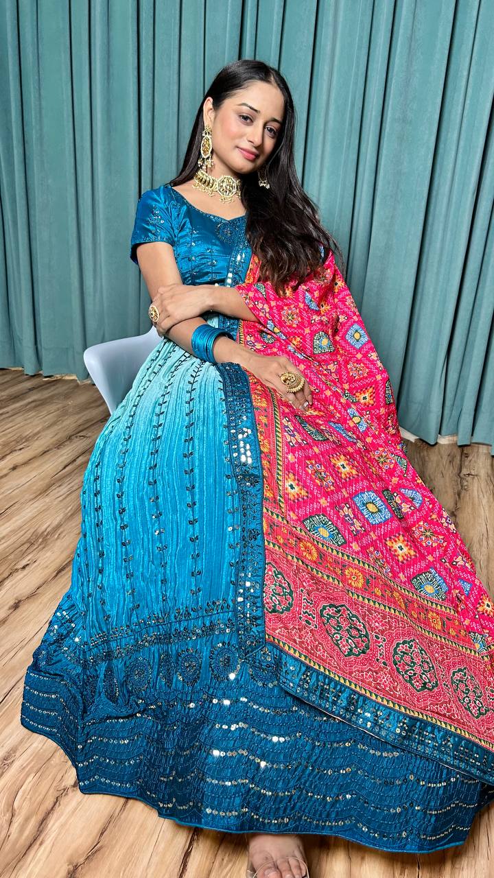 Blue Cultural Grace – Elegant Chinon Silk Lehenga Set ClothsVilla