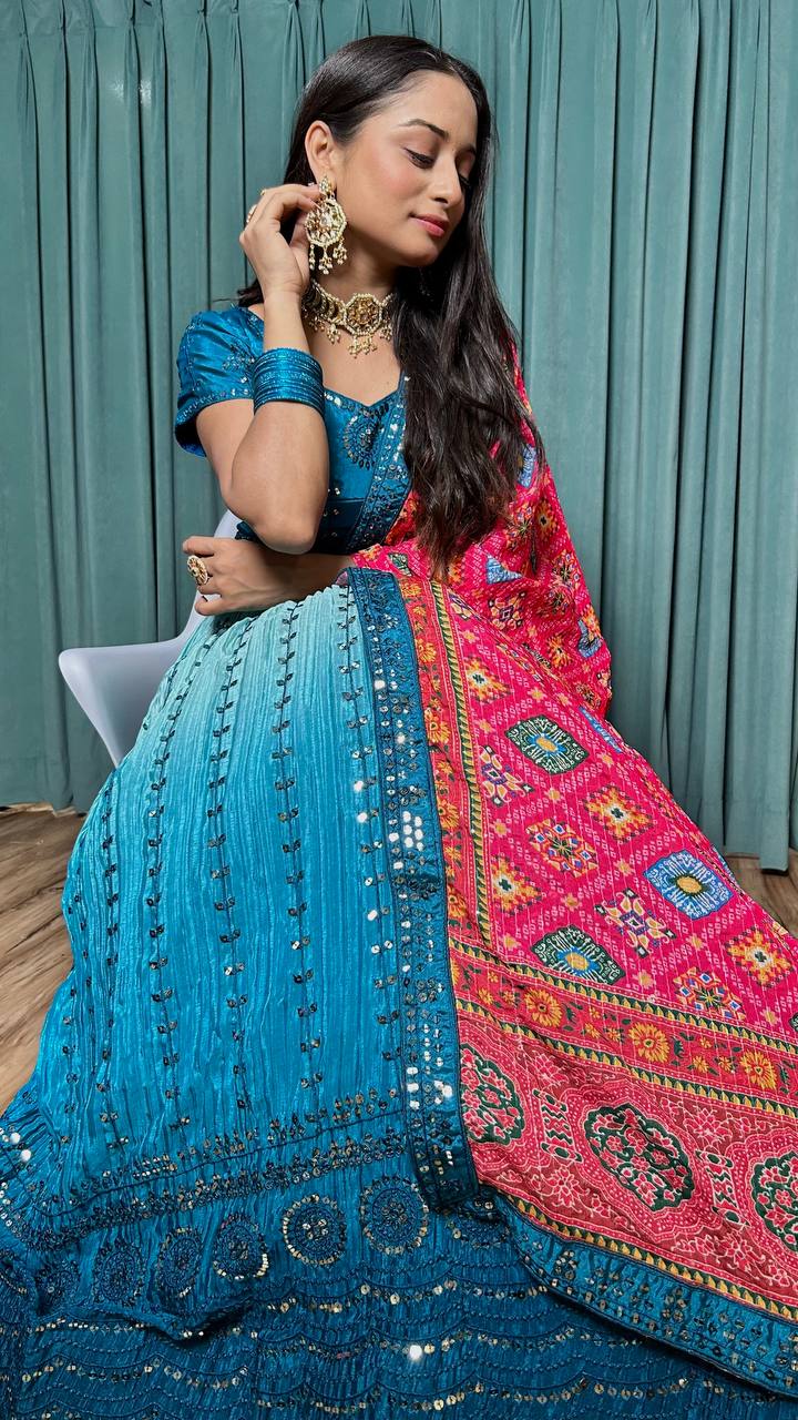 Blue Elegant Chinon Silk Lehenga Set Secondary image