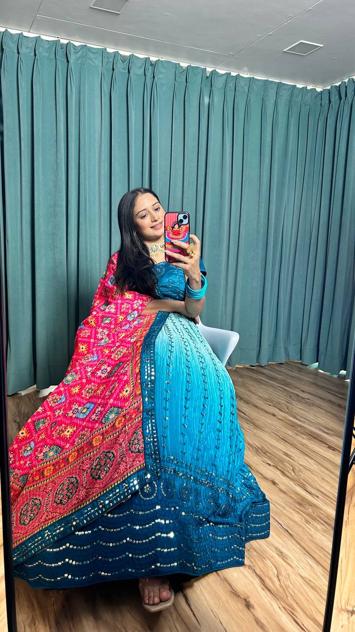Blue Cultural Grace – Elegant Chinon Silk Lehenga Set ClothsVilla