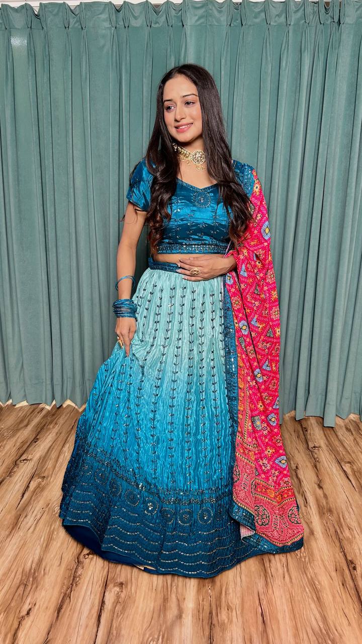 Blue Cultural Grace – Elegant Chinon Silk Lehenga Set ClothsVilla Main image
