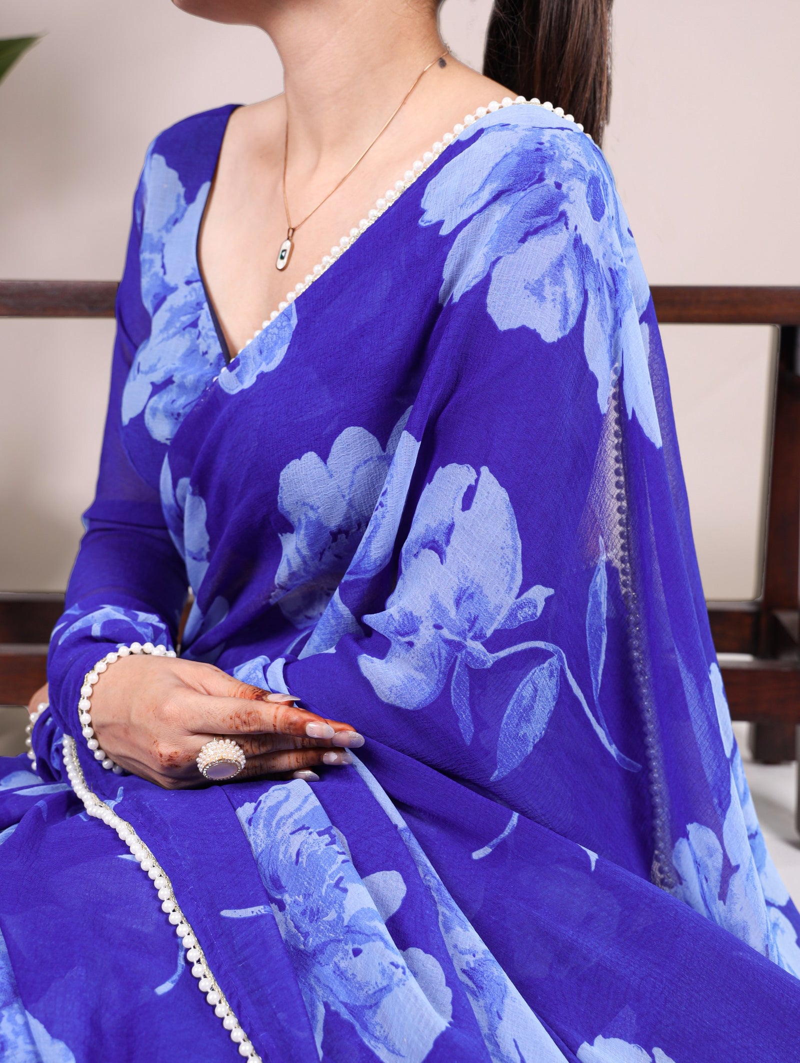 Blue Delicate Blooms Chiffon Saree with Floral Print and Pearl Lace Border